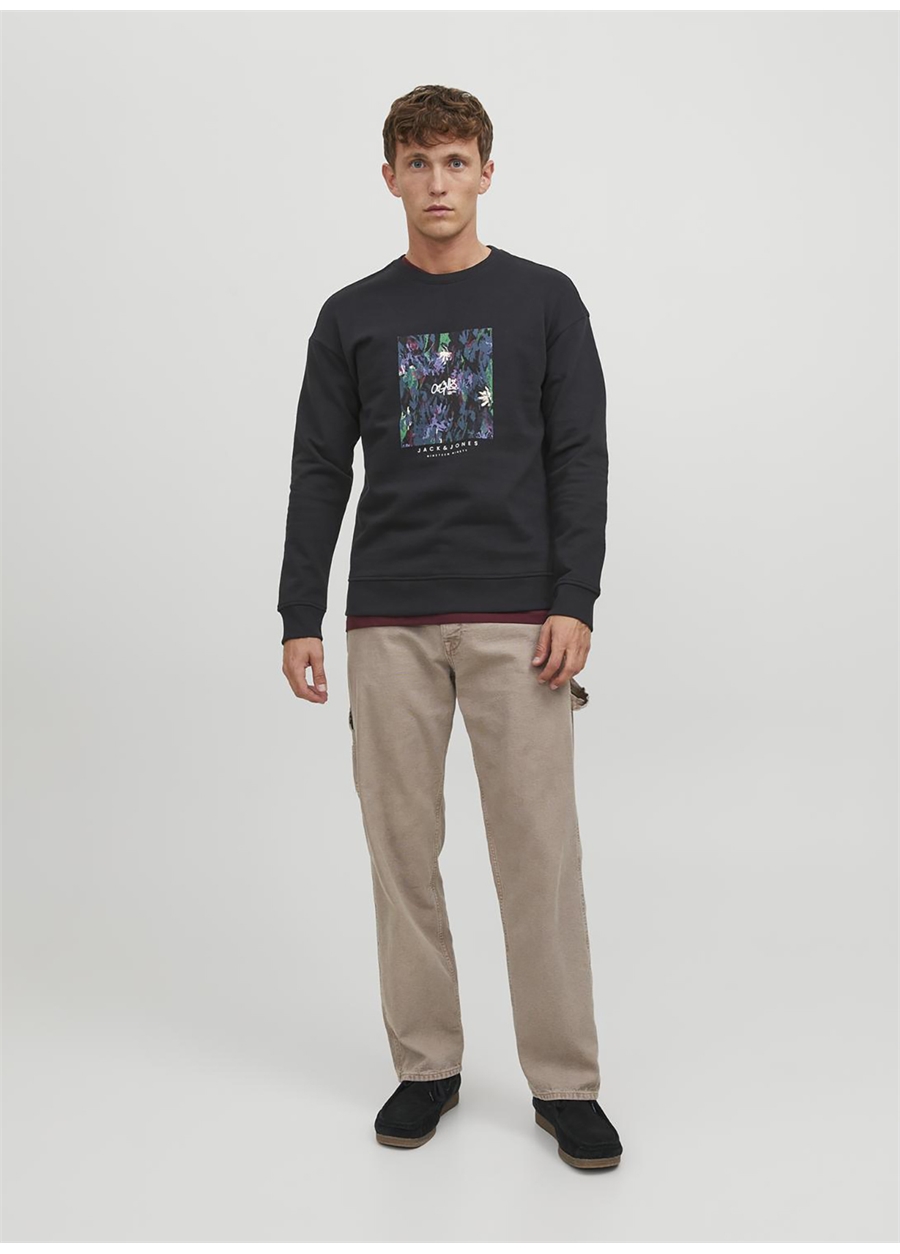 Jack & Jones Bisiklet Yaka Siyah Erkek Sweatshırt 12242366_JORSILVERLAKE SWEAT CREW N