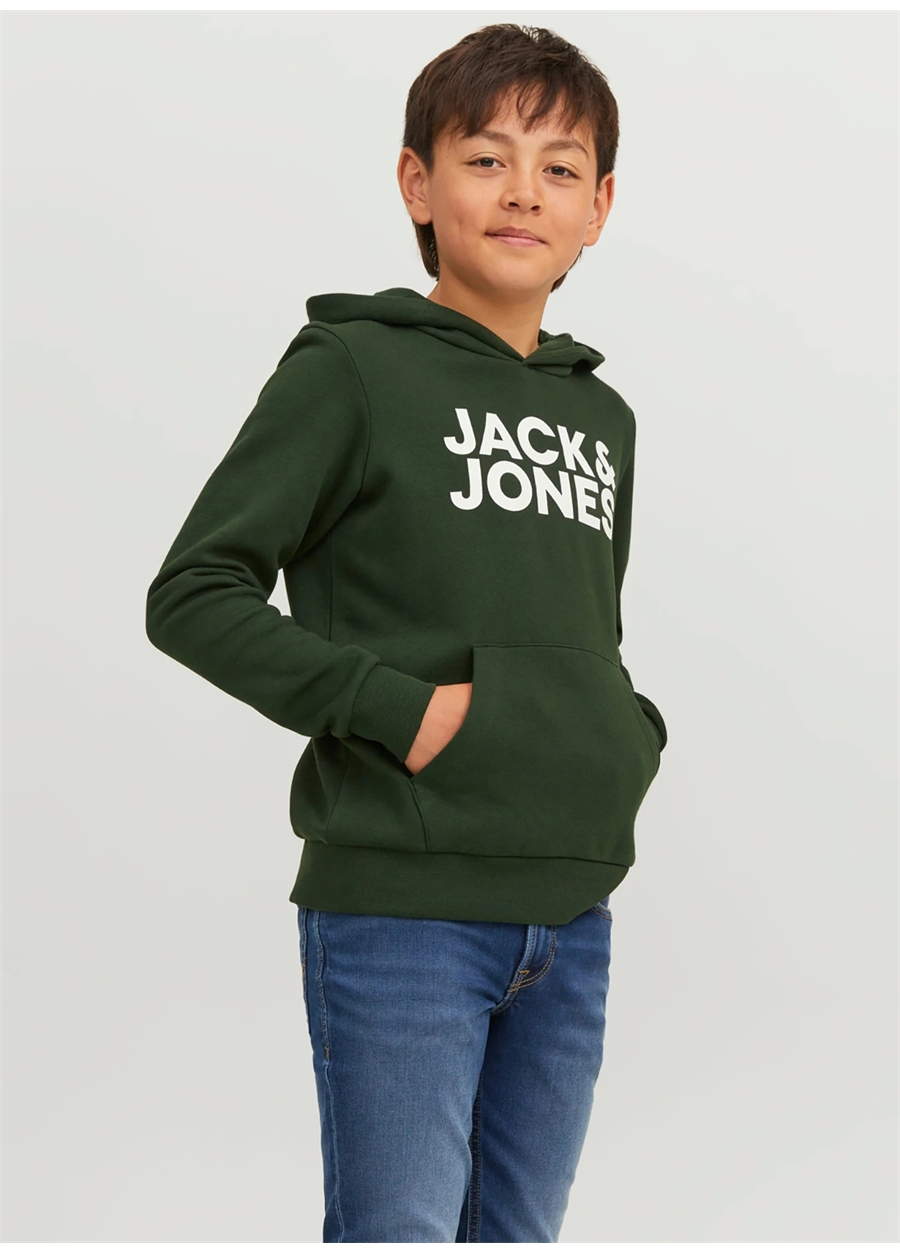 Jack & Jones Koyu Yeşil Erkek Çocuk Kapüşonlu Uzun Kollu Lastikli Baskılı Sweatshirt JJECORP LOGO SWEAT HOOD NOOS JNR