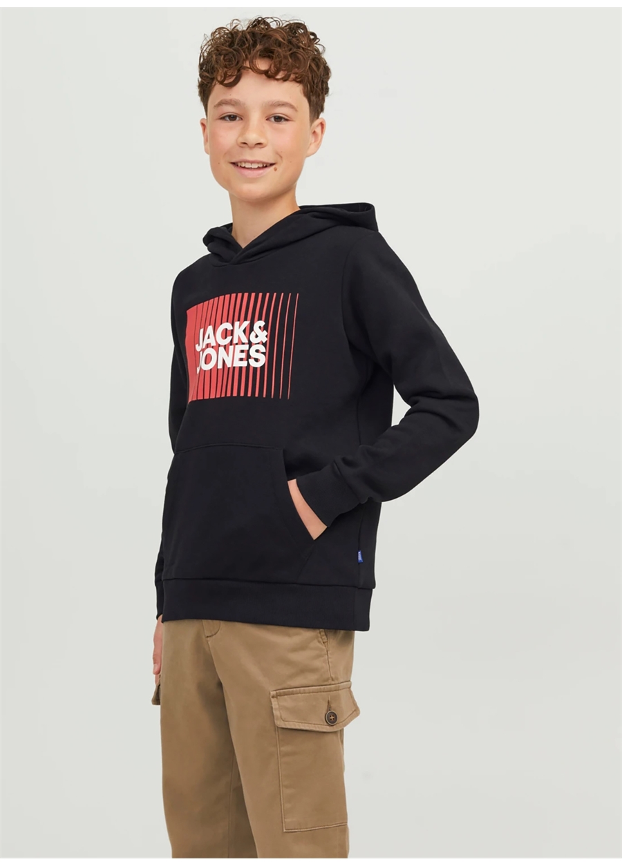 Jack & Jones Siyah Erkek Çocuk Kapüşonlu Uzun Kollu Lastikli Baskılı Sweatshirt JJECORP LOGO SWEAT HOOD PLAY NOOS J