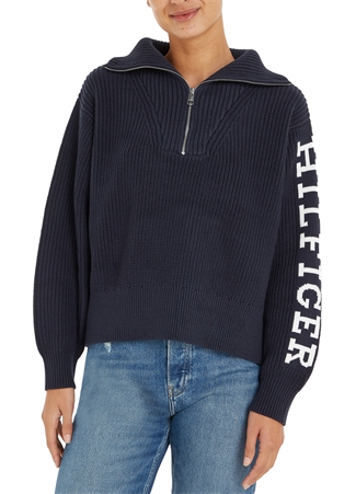 Tommy Hilfiger Fermuarlı Yaka Normal Baskılı Mavi Kazak Kadın WW0WW39013DW5