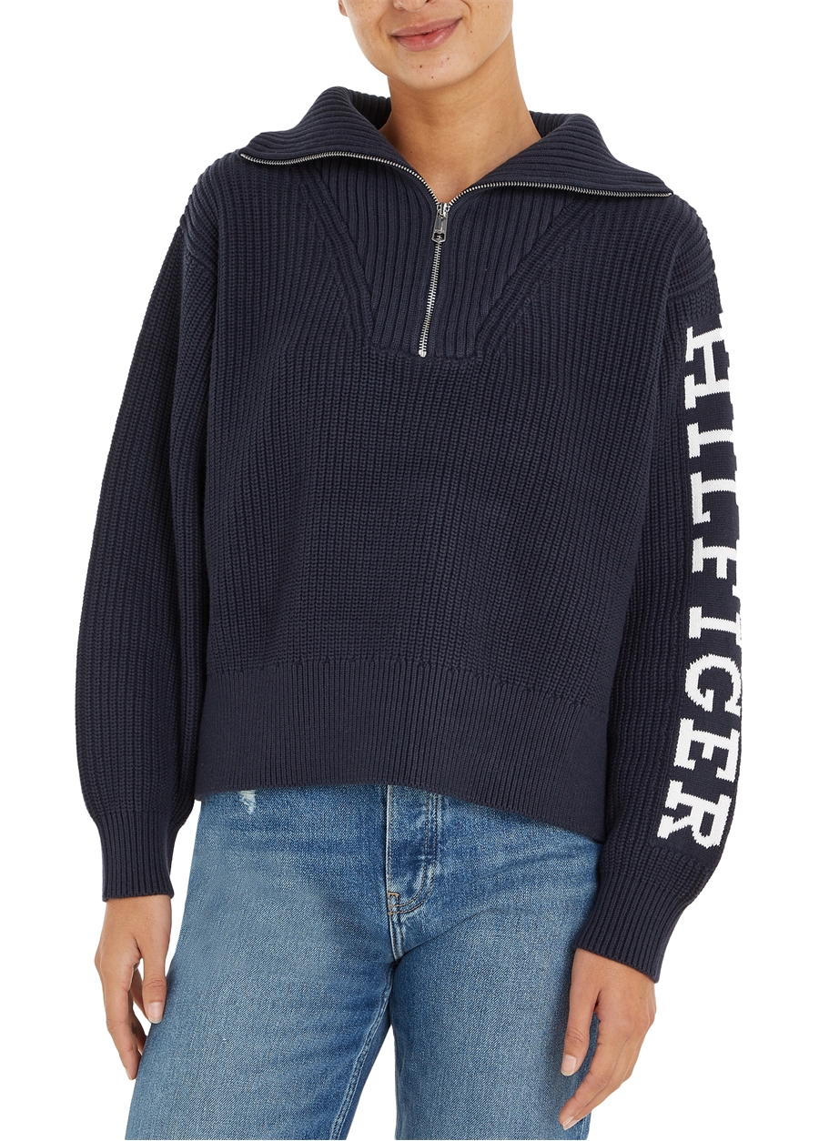 Tommy Hilfiger Fermuarlı Yaka Normal Baskılı Mavi Kazak Kadın WW0WW39013DW5_0