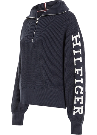 Tommy Hilfiger Fermuarlı Yaka Normal Baskılı Mavi Kazak Kadın WW0WW39013DW5_5