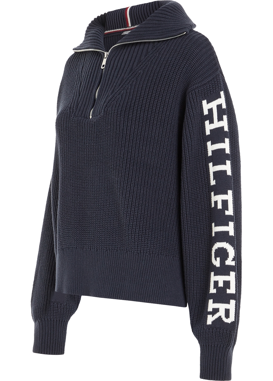 Tommy Hilfiger Fermuarlı Yaka Normal Baskılı Mavi Kazak Kadın WW0WW39013DW5_5