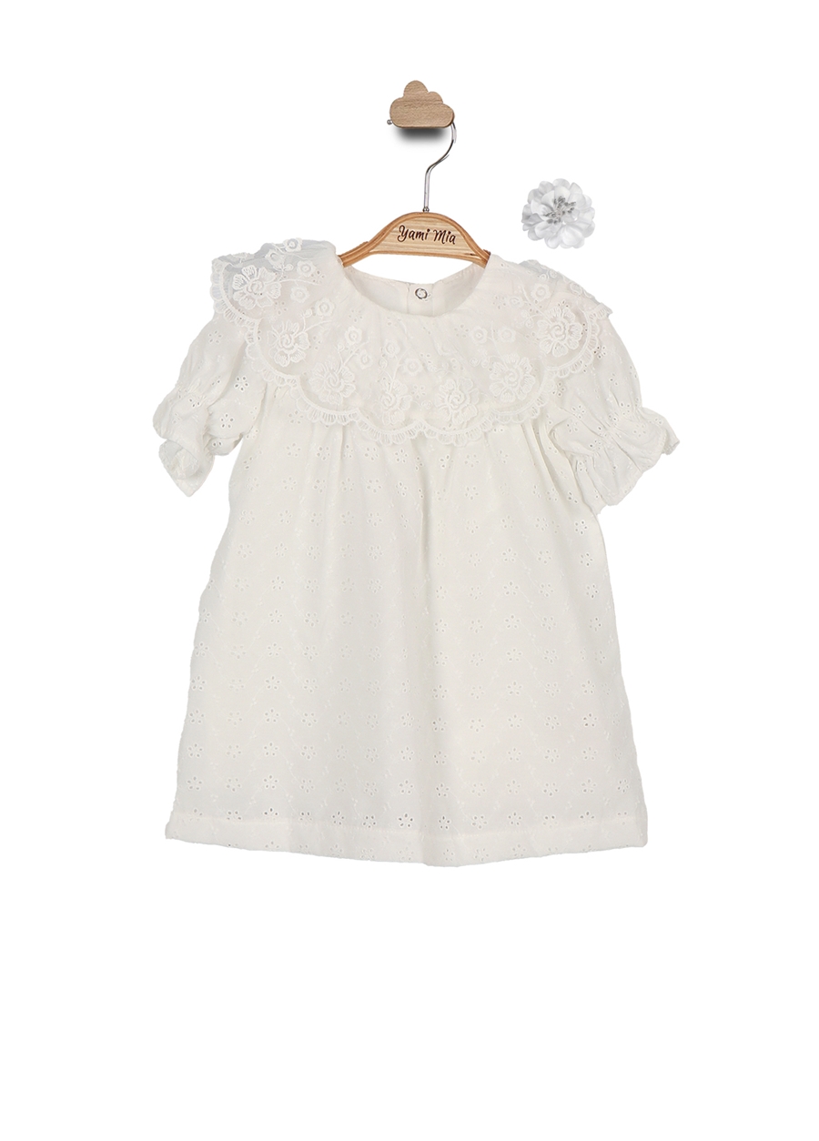 Yami Mia Beyaz Kız Bebek Bebe Yaka Kısa Kollu Düz Elbise YM00018