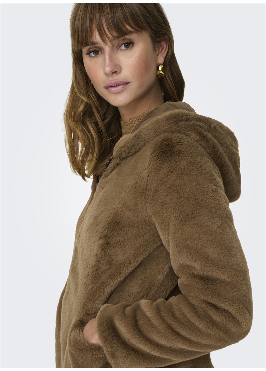 Only Kahve Kadın Kapüşonlu Suni Kürk Kaban ONLNEWMALOU FAUX FUR COAT CC OTW_4