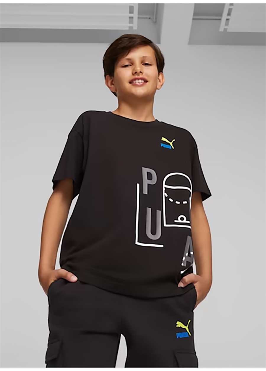 Puma Siyah Erkek Çocuk Bisiklet Yaka Kısa Kollu Düz T-Shirt 62160201 CLASSICS FTR BALLER Logo T