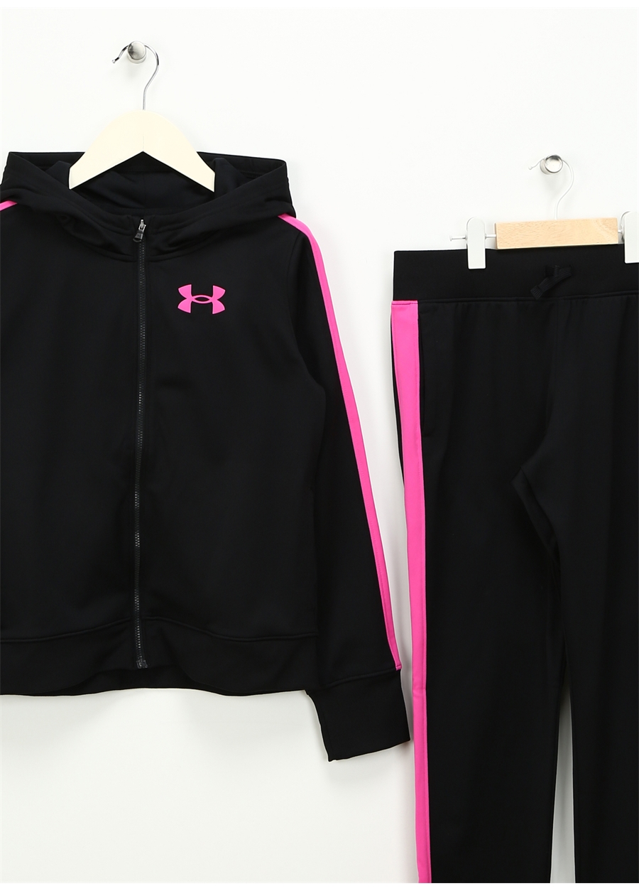 Under Armour Siyah Kız Çocuk Kapüşonlu Uzun Kollu Dar Paça Bol Kesim Düz Eşofman Takımı 1377517-004 UA Knit Hooded Tracksui_2