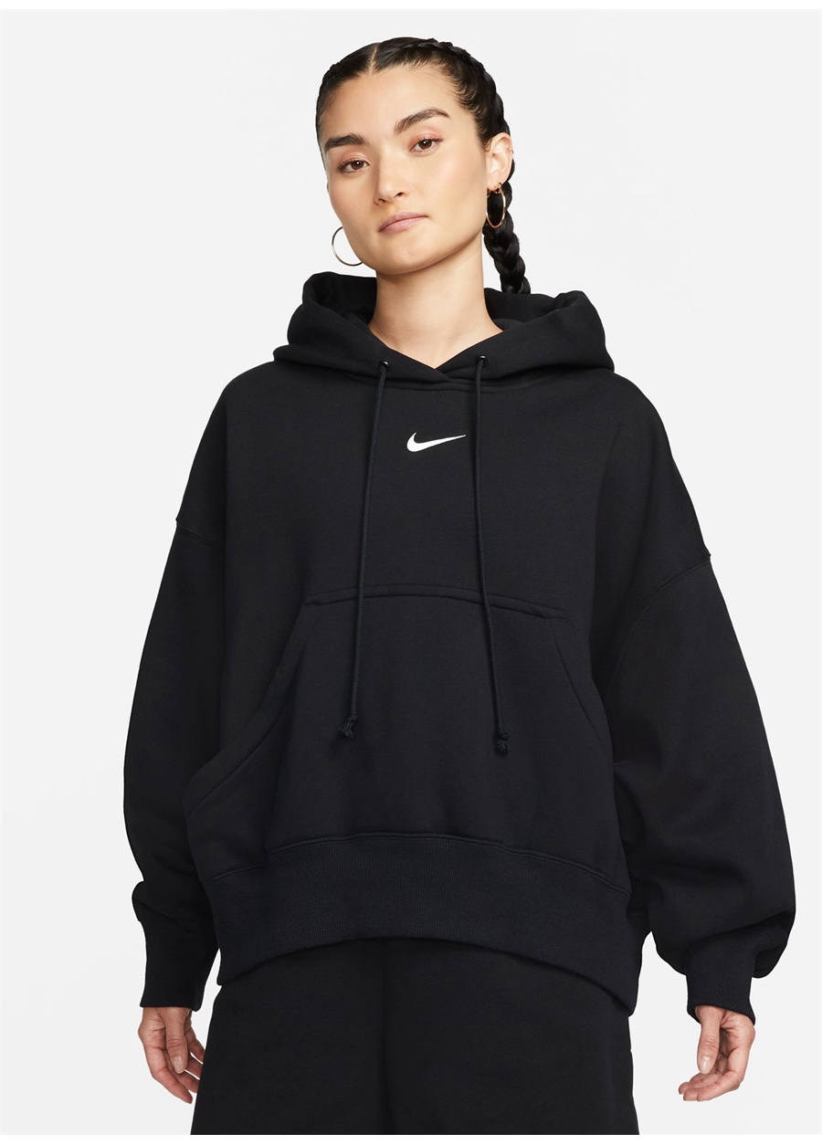 Nike Siyah - Gri - Gümüş Kadın Yuvarlak Yaka Regular Fit Sweatshirt DQ5858-010 W NSW PHNX FLC OOS PO HO