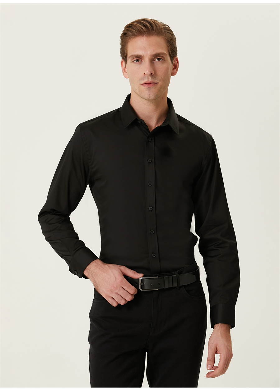 Network Slim Fit Klasik Yaka Siyah Erkek Gömlek 1089622