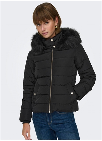 Only Siyah Kadın Mont ONLNEWCAMILLA FUR HOOD JACKET CC OT_3