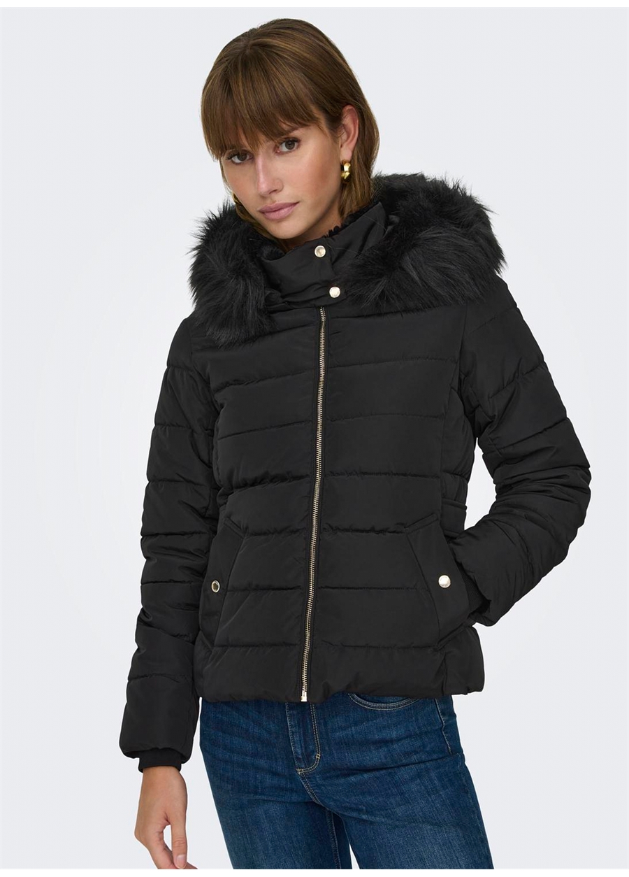 Only Siyah Kadın Mont ONLNEWCAMILLA FUR HOOD JACKET CC OT_3