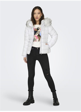 Only Beyaz Kadın Mont ONLNEWCAMILLA FUR HOOD JACKET CC OT_3