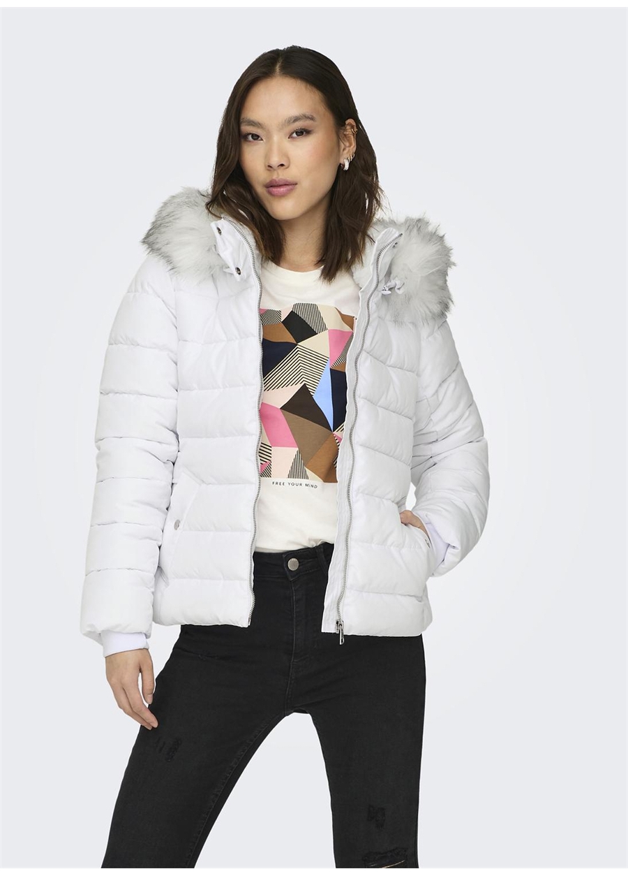 Only Beyaz Kadın Mont ONLNEWCAMILLA FUR HOOD JACKET CC OT_4