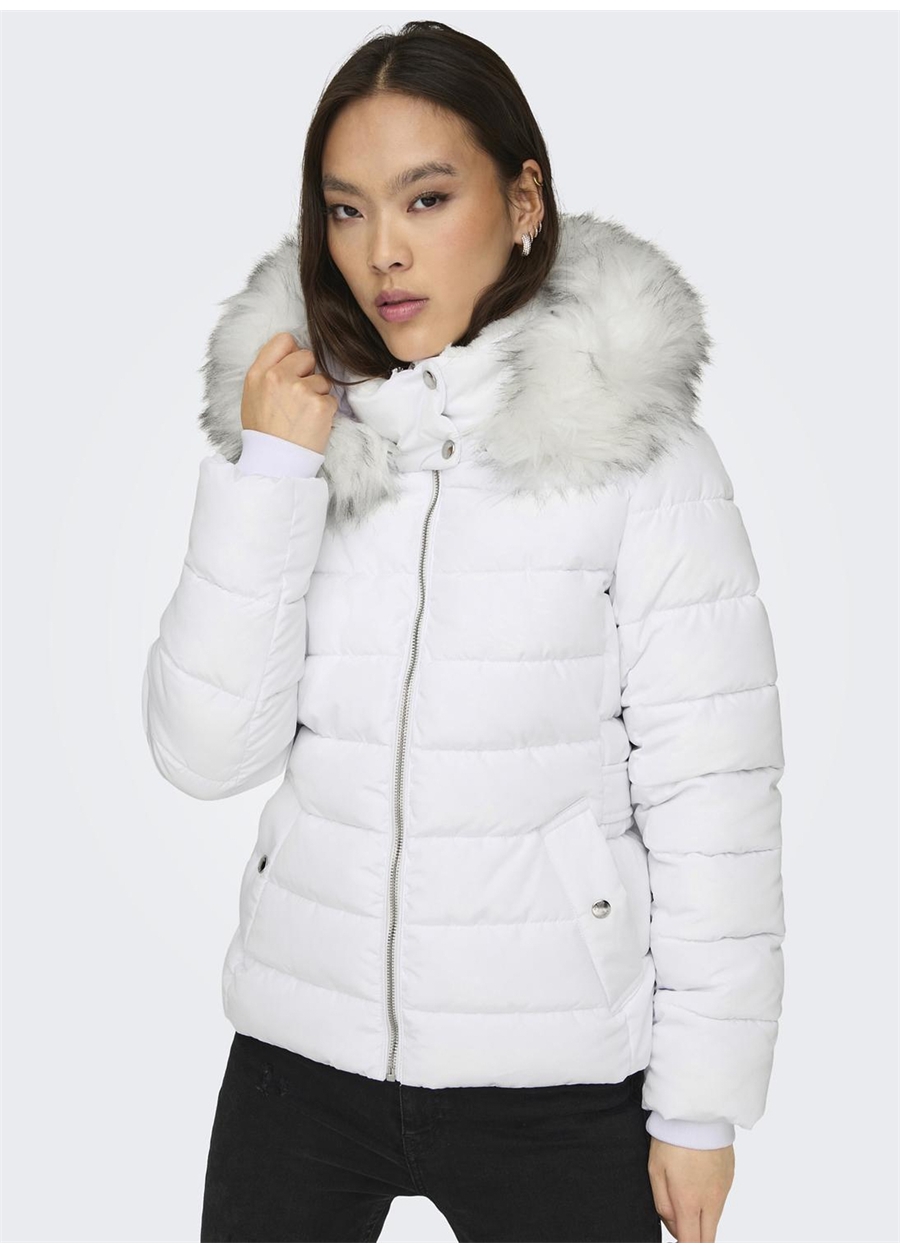 Only Beyaz Kadın Mont ONLNEWCAMILLA FUR HOOD JACKET CC OT_6