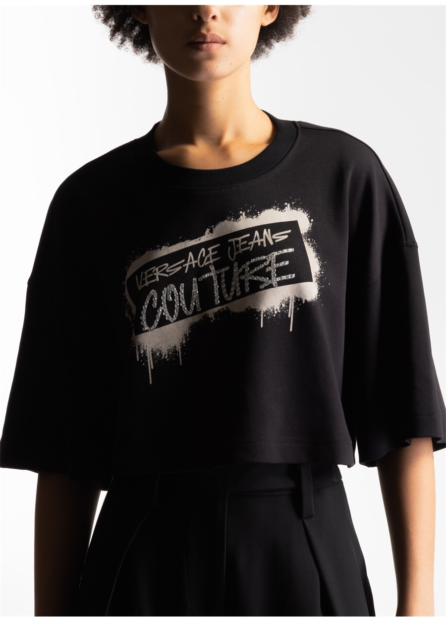 Versace Jeans Couture Bisiklet Yaka Baskılı Siyah Kadın T-Shirt 75HAHG04