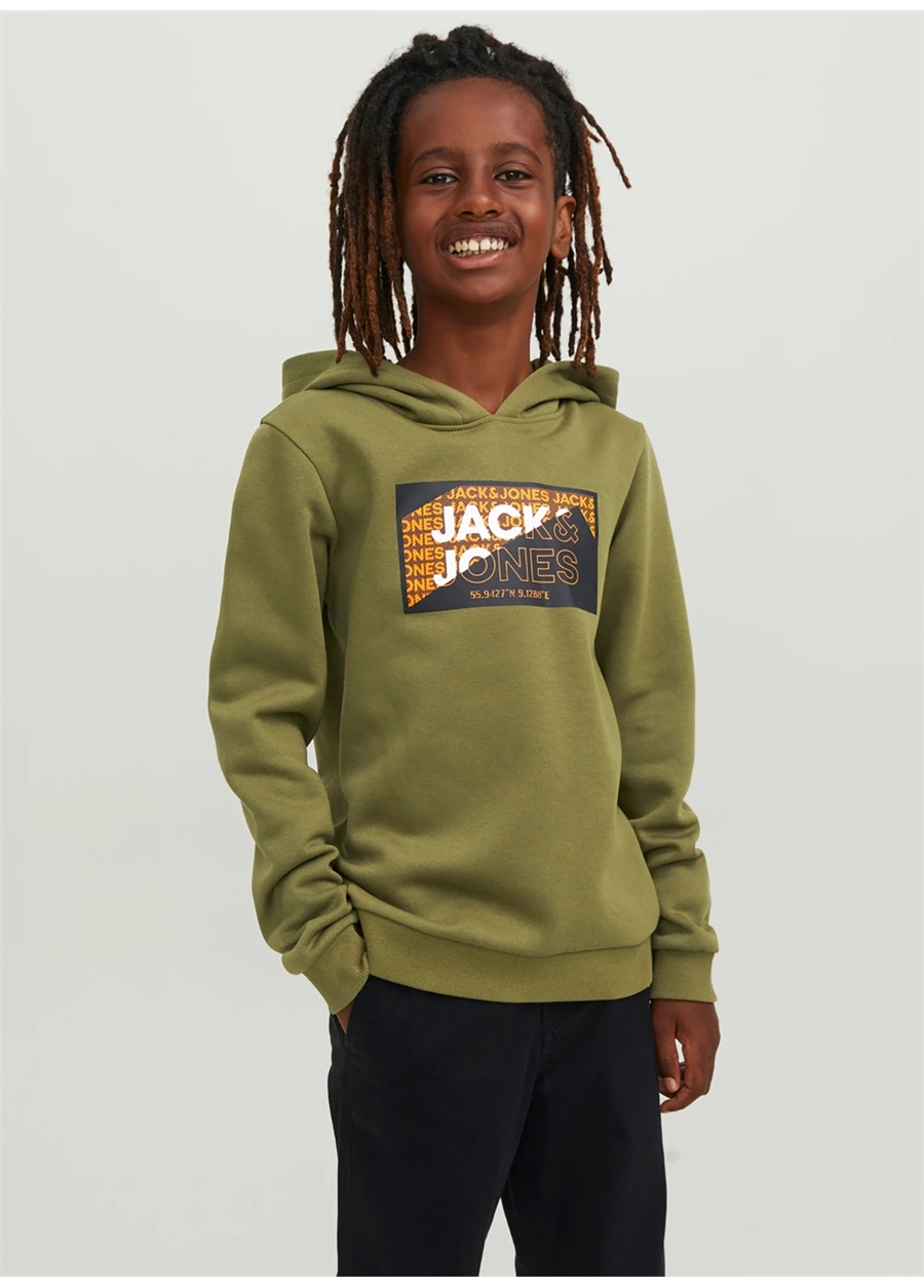 Jack & Jones Yeşil Erkek Çocuk Kapüşonlu Uzun Kollu Baskılı Sweatshirt JCOLOGAN AW23 SWEAT HOOD JNR
