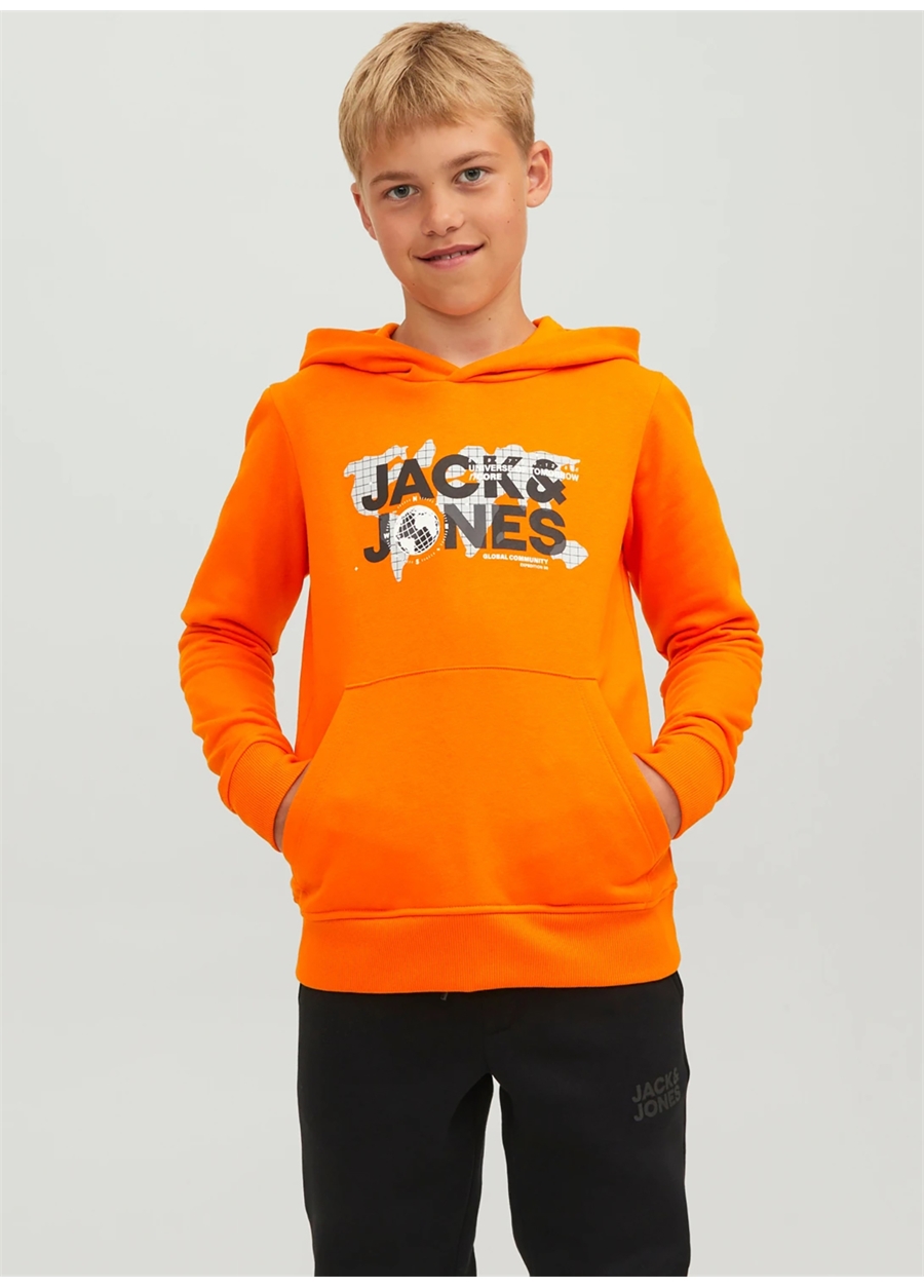 Jack & Jones Turuncu Erkek Çocuk Kapüşonlu Uzun Kollu Baskılı Sweatshirt JCODUST SWEAT HOOD SN JNR