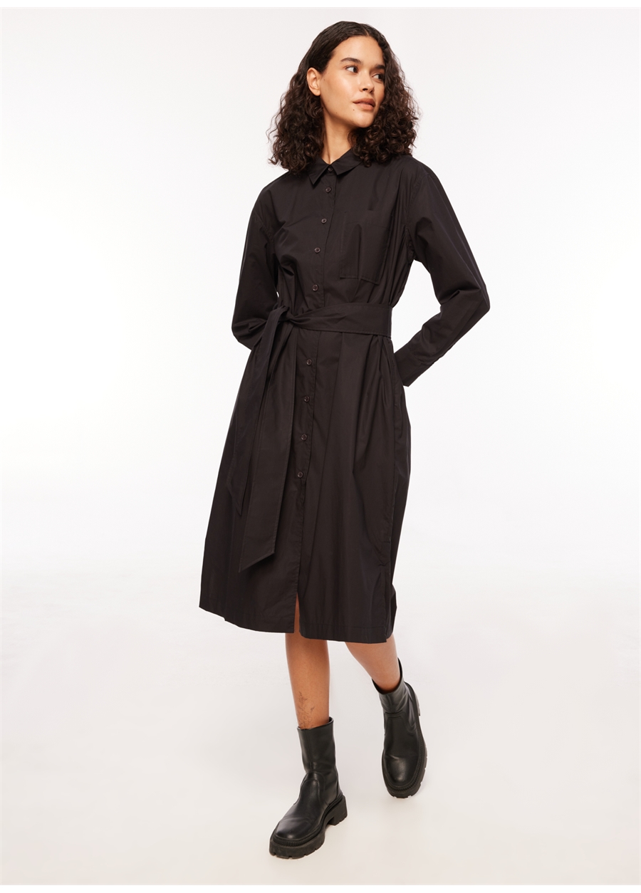 Benetton Gömlek Yaka Siyah Uzun Kadın Elbise 464KDV052