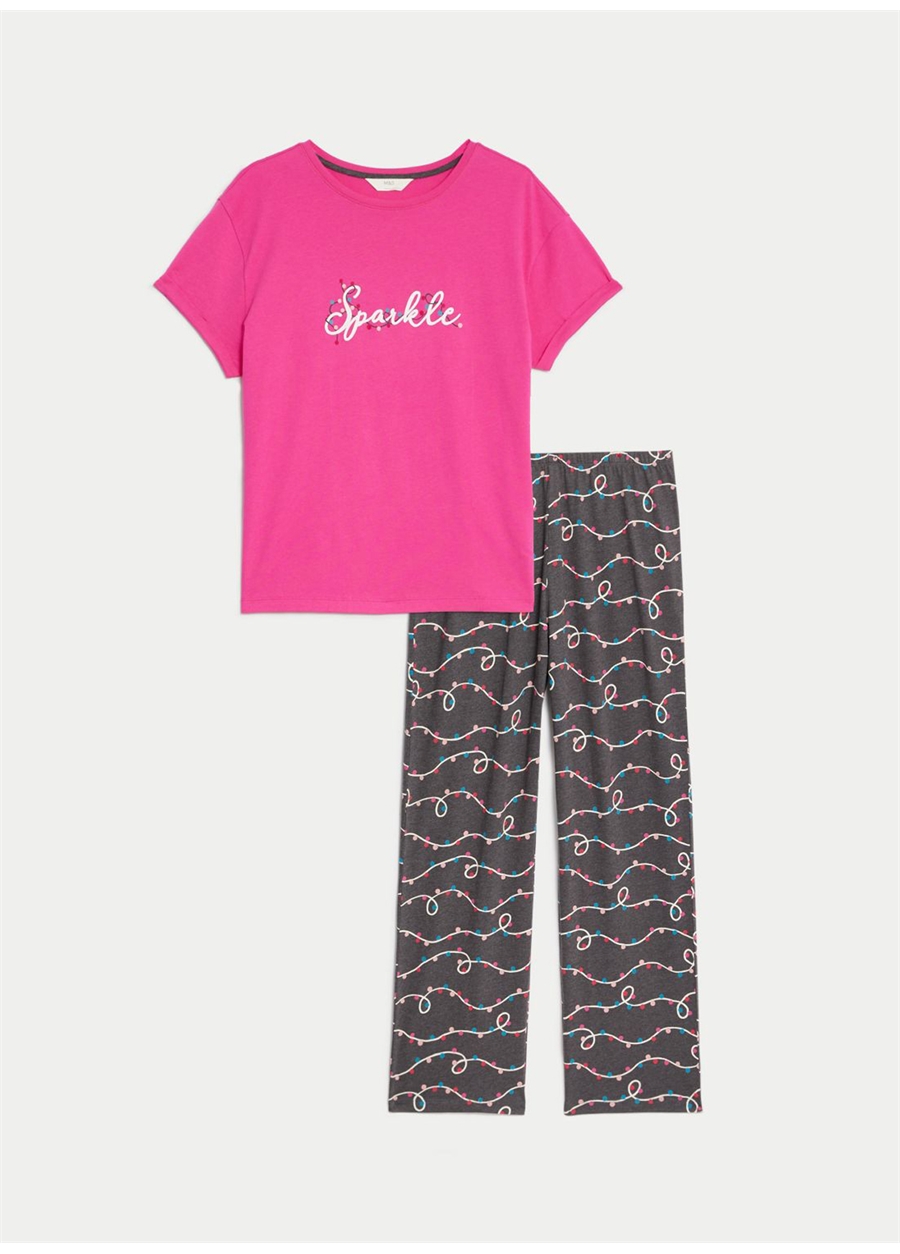 Marks & Spencer Pembe Kadın Slogan Desenli Kısa Kollu Pijama Takımı 4565F