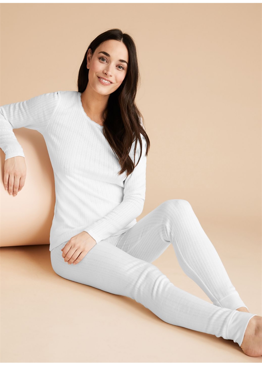 Marks & Spencer Beyaz Kadın Fitil Detaylı Legging Termal Tayt 5704