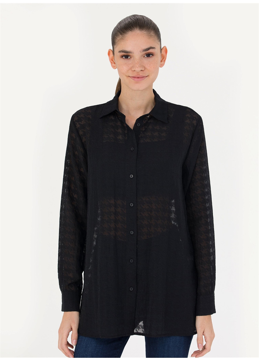 Pierre Cardin Comfort Fit Gömlek Yaka Kaz Ayağı Desenli Siyah Kadın Gömlek NILBA