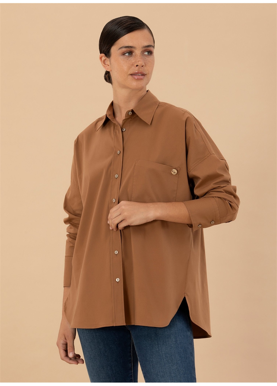 Pierre Cardin Oversized Gömlek Yaka Düz Deve Tüyü Kadın Gömlek NENAB023K