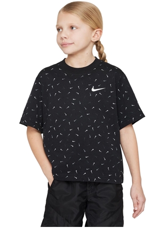 Nike Çocuk Siyah Bisiklet Yaka T-Shirt FD5366-010 G NK NSW TEE BOXY SWOOSH