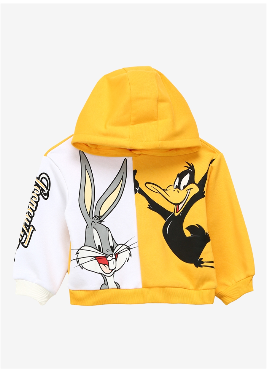 Never Say Never Kız Çocuk Beyaz - Sarı Kapüşonlu Oversize Düz LOONEY TUNES Sweatshirt