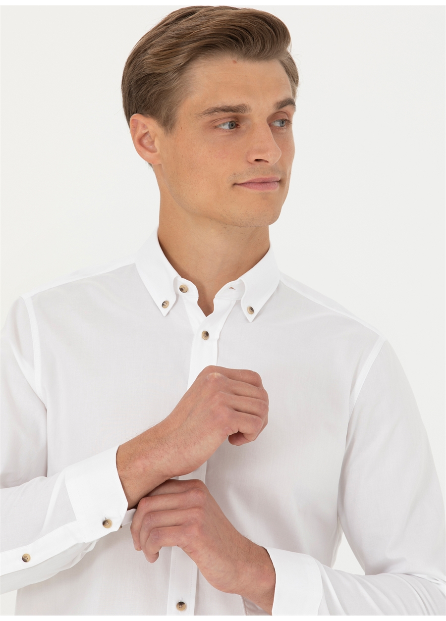 Cacharel Slim Fit Düğmeli Yaka Düz Beyaz Erkek Gömlek BONS