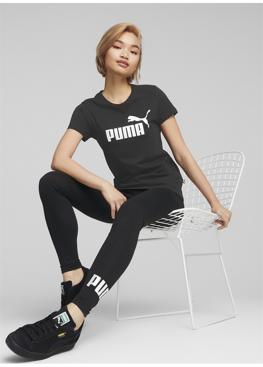 Puma Siyah Kadın Yuvarlak Yaka Regular Fit T-Shirt 84830351 ESS+ Metallic Logo Tee