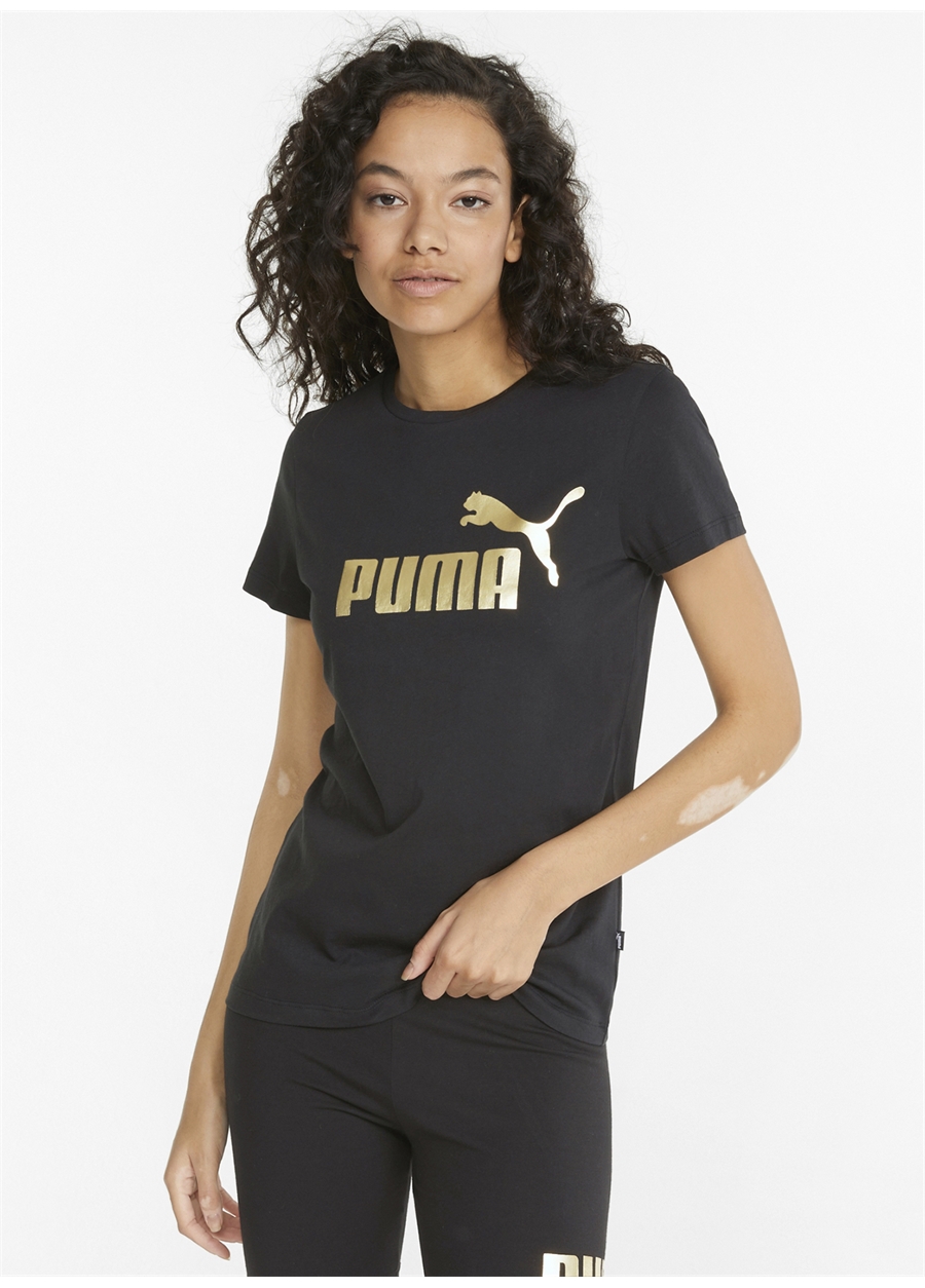 Puma Siyah Kadın Yuvarlak Yaka Regular Fit T-Shirt 84830301 ESS+ Metallic Logo Tee