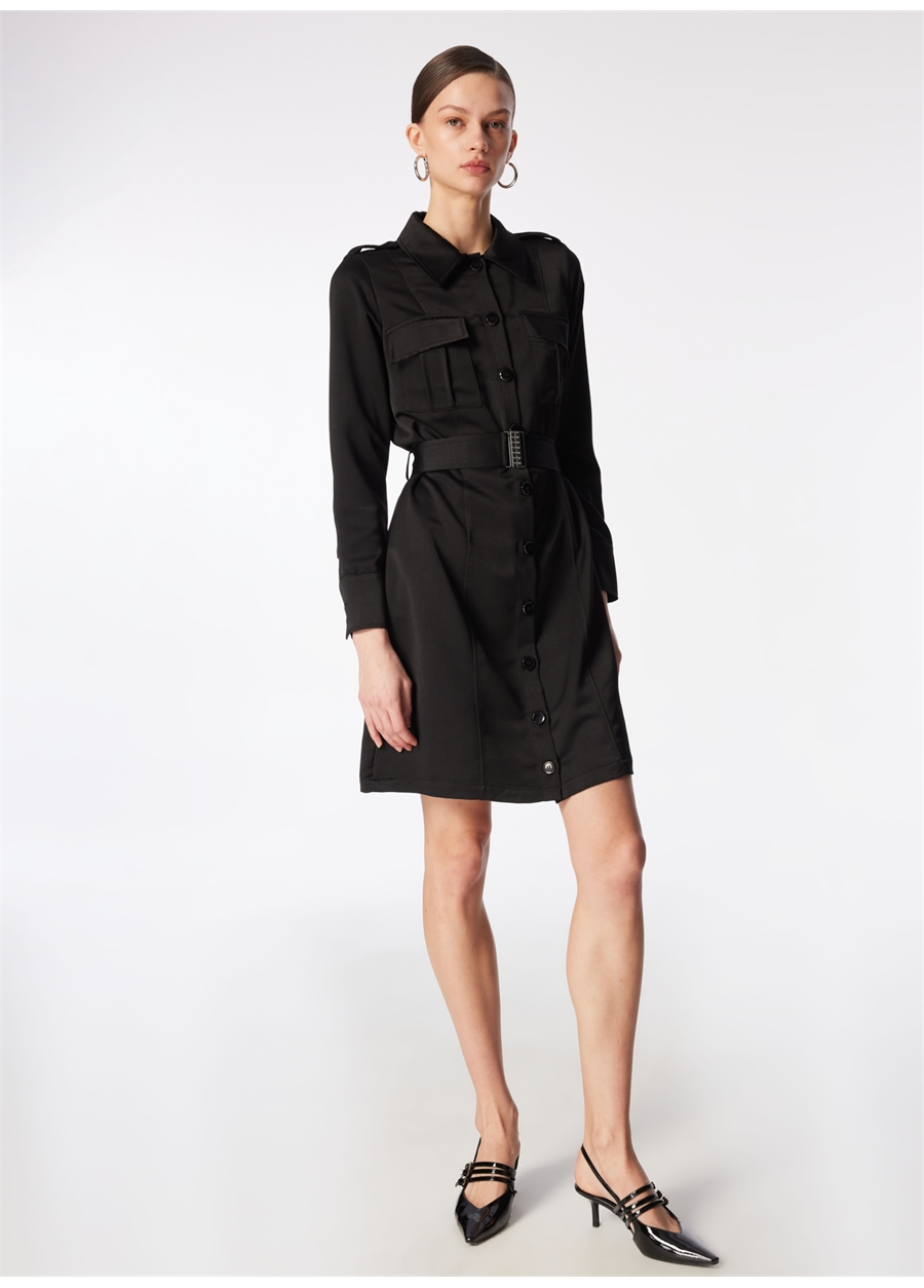 Selen Polo Yaka Düz Siyah Standart Kadın Elbise 23KSL7350