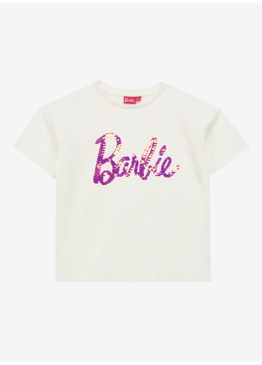 Barbie Beyaz - Pembe Kız Çocuk Bisiklet Yaka Payetli T-Shirt BRB4SG-TST6020