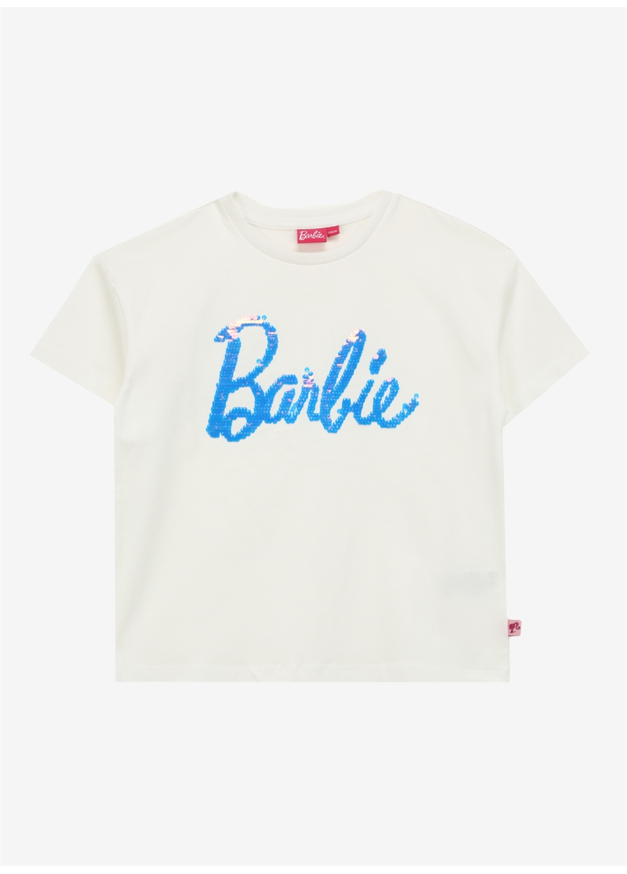 Barbie Lila - Beyaz Kız Çocuk Bisiklet Yaka Payetli T-Shirt BRB4SG-TST6020