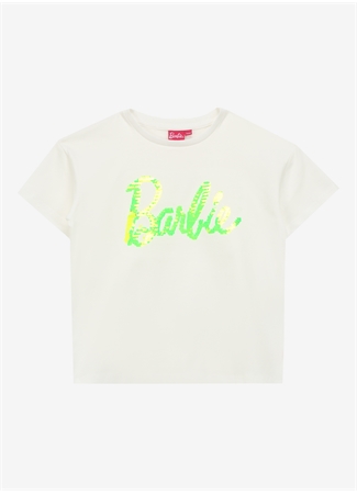 Barbie Payetli Sarı - Beyaz Kız Çocuk T-Shirt BRB4SG-TST6020