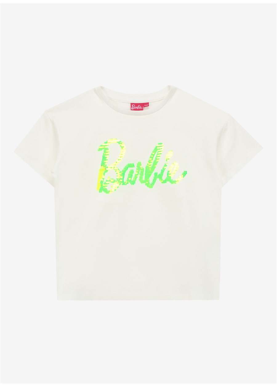 Barbie Payetli Sarı - Beyaz Kız Çocuk T-Shirt BRB4SG-TST6020