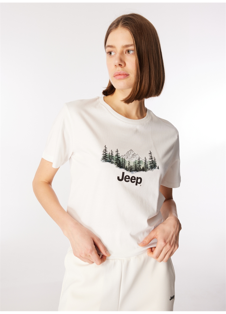 Jeep Bisiklet Yaka Baskılı Kırık Beyaz Kadın T-Shirt J4SL-TST7034