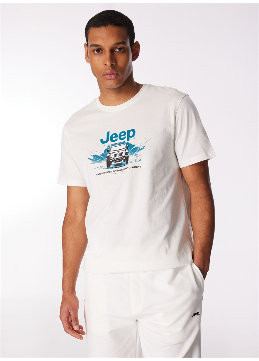 Jeep Bisiklet Yaka Baskılı Kırık Beyaz Erkek T-Shirt J4SM-TST7254