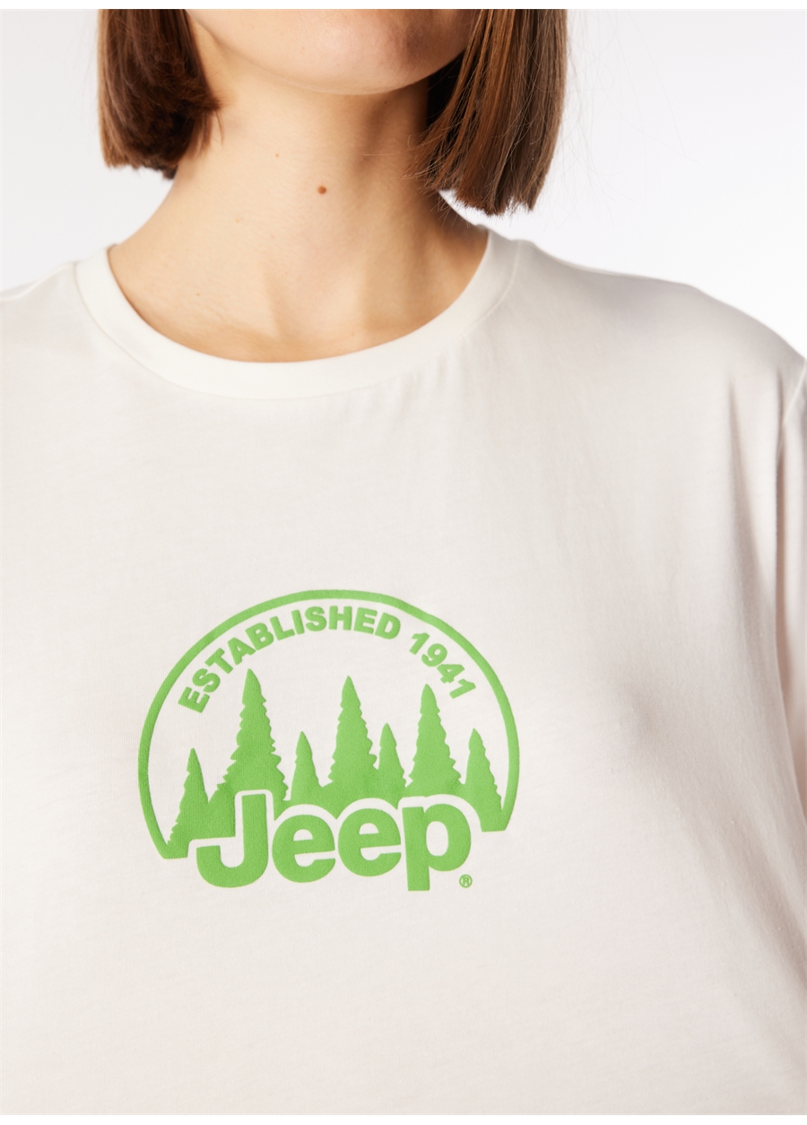 Jeep Bisiklet Yaka Baskılı Kırık Beyaz Kadın T-Shirt J4SL-TST7026_4