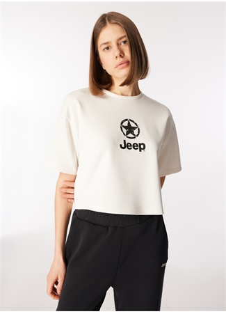 Jeep Bisiklet Yaka Baskılı Kırık Beyaz Kadın T-Shirt J4SL-TST7027_0