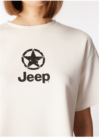 Jeep Bisiklet Yaka Baskılı Kırık Beyaz Kadın T-Shirt J4SL-TST7027_3