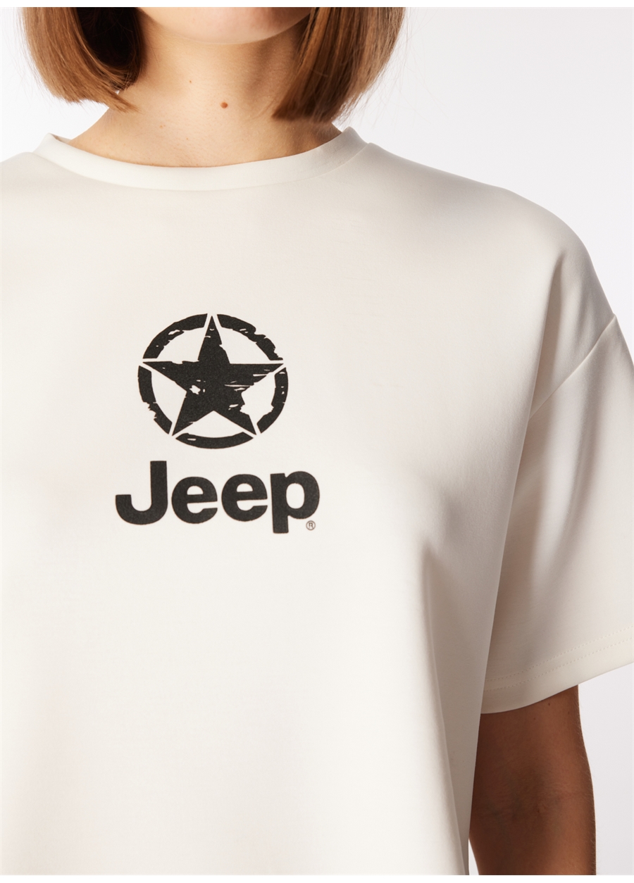 Jeep Bisiklet Yaka Baskılı Kırık Beyaz Kadın T-Shirt J4SL-TST7027_3