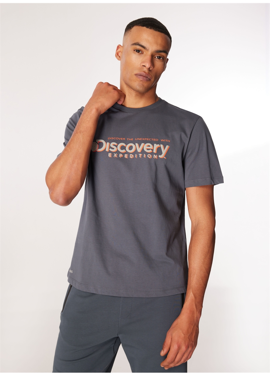 Discovery Expedition Antrasit Erkek Bisiklet Yaka Baskılı T-Shirt D4SM-TST3273