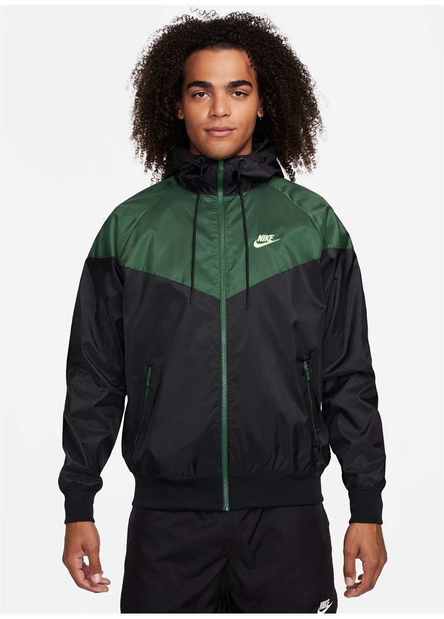 Nike Siyah - Yeşil Erkek Kapüşon Yaka Parçalı Rüzgarlık DA0001-016-M NK WVN LND WR HD JKT
