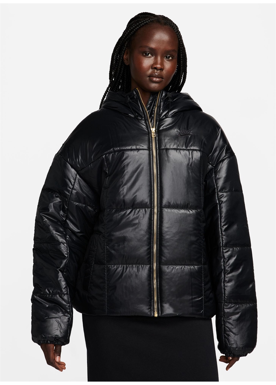 Nike Siyah Kadın Kapüşon Yaka Mont FB8769-010-W NSW PE SHINE PUFFER_1