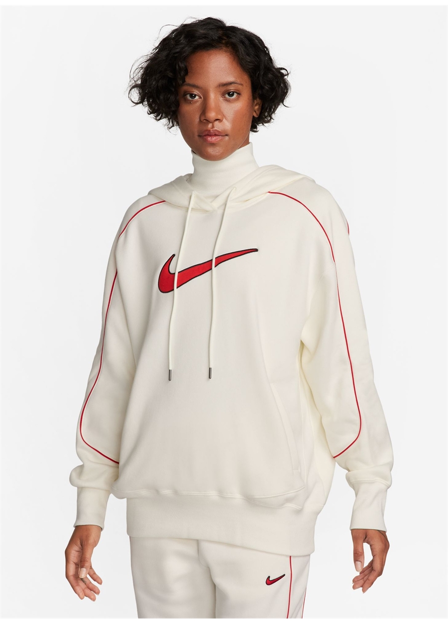 Nike Beyaz Kadın Kapüşon Yaka Sweatshirt FV5311-133-W NSW FLC OS PO HDY SW