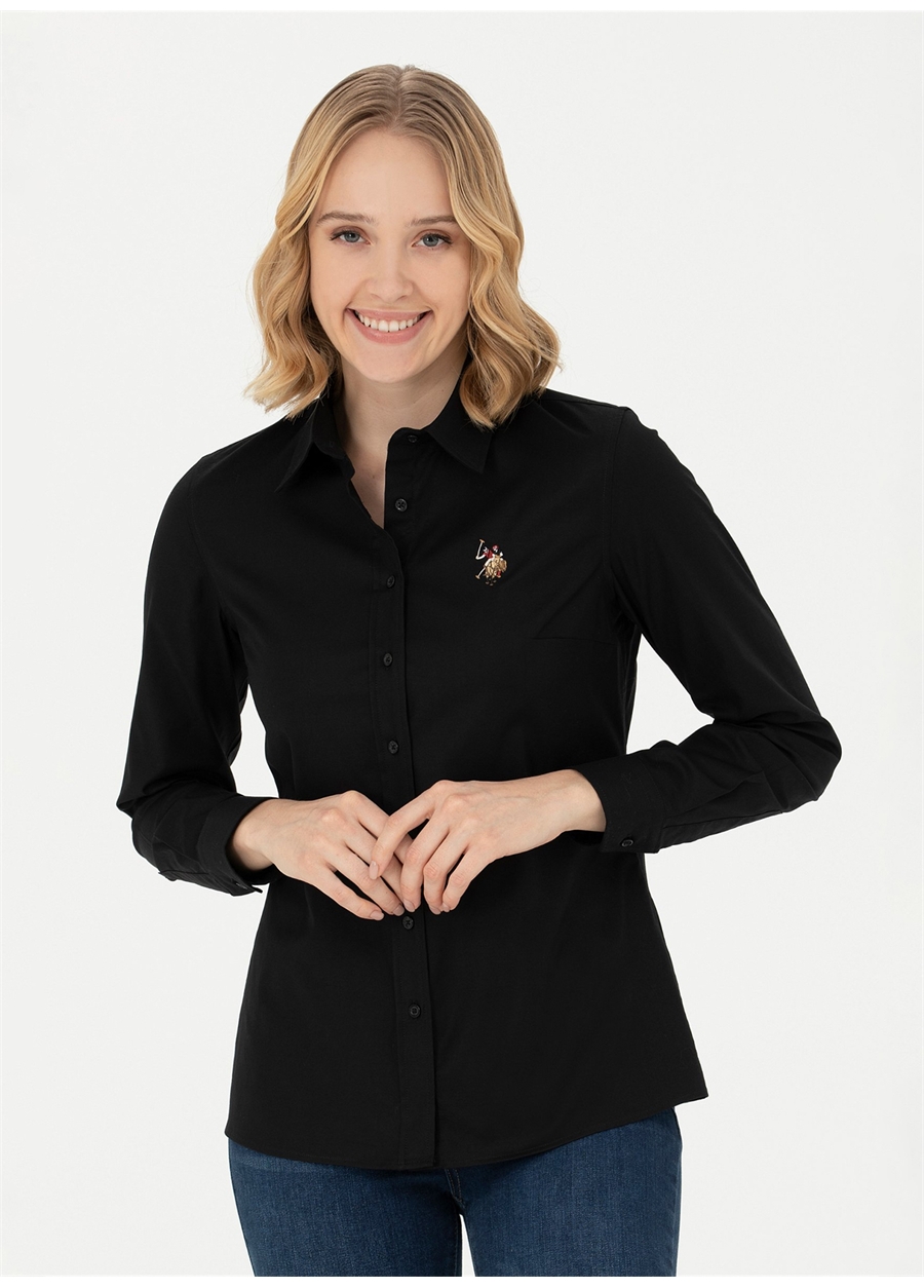 U.S. Polo Assn. Slim Fit Gömlek Yaka Düz Siyah Kadın Gömlek CRISCOLOR023K