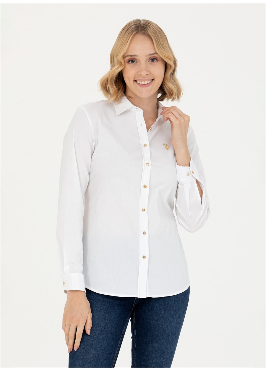 U.S. Polo Assn. Slim Fit Gömlek Yaka Düz Beyaz Kadın Gömlek CRISY023K
