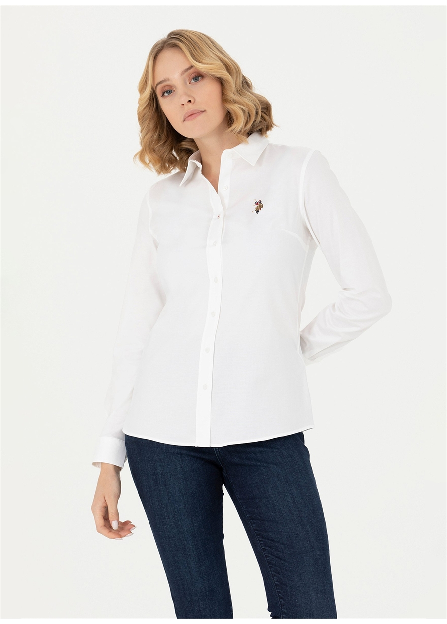 U.S. Polo Assn. Slim Fit Gömlek Yaka Düz Beyaz Kadın Gömlek CRISCOLOR023K
