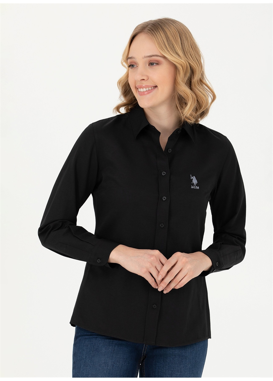 U.S. Polo Assn. Slim Fit Gömlek Yaka Düz Siyah Kadın Gömlek WOX023K